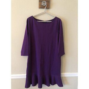 Lands End Petite Womens 10P Purple Shift Dress Ruffle Hem 3/4 Sleeve Pockets